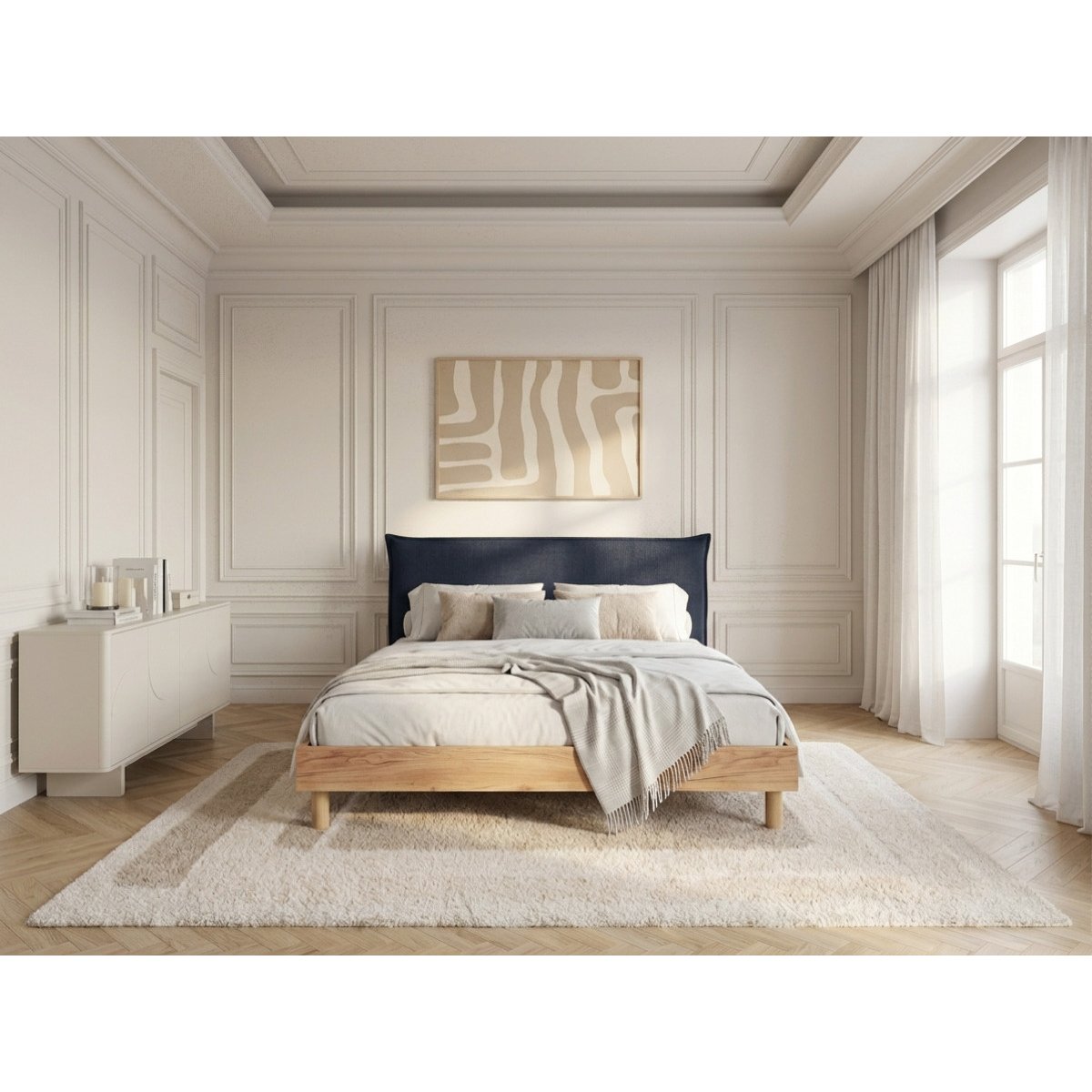 Lit bois revêtement tissu texturé, CHARLIE bleu foncé, BOBOCHIC
