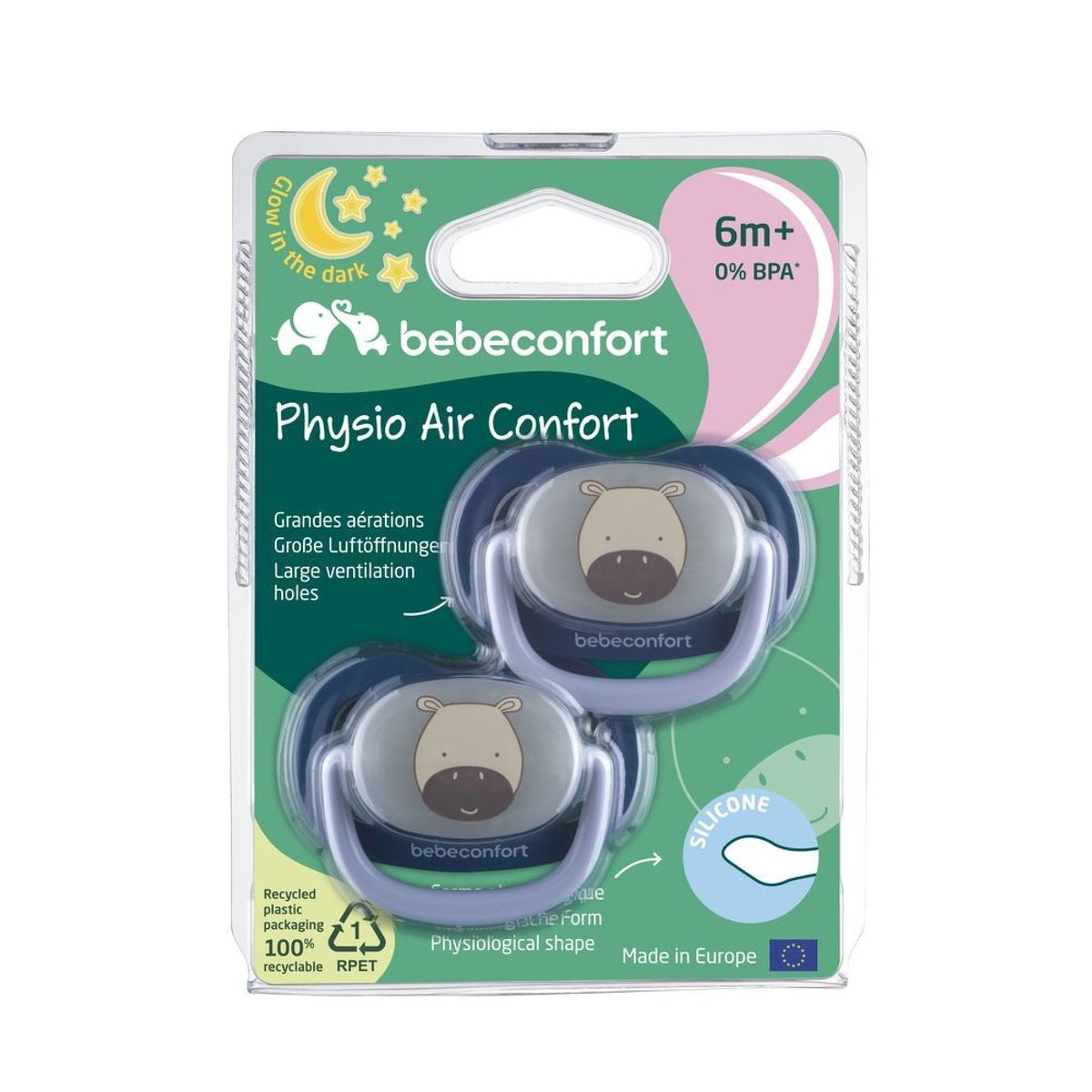 Lot de 2 sucettes physiologiques phosphorescentes Air Confort 6-18 mois Dark blue couleur unique, BEBECONFORT