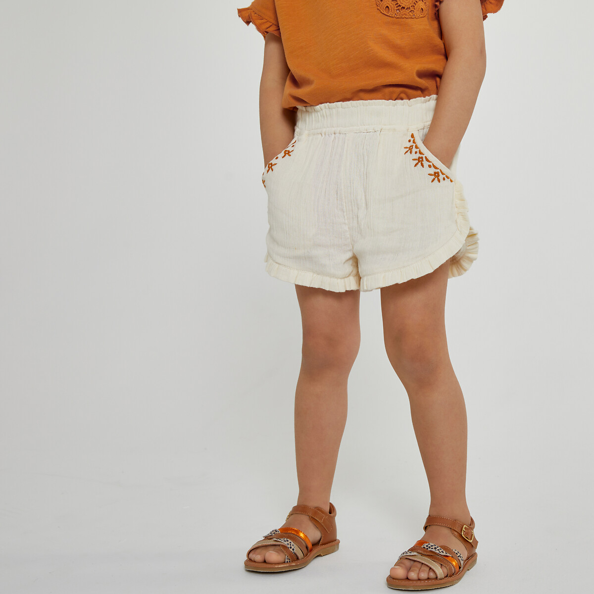 Short brodé et volanté en double gaze de coton ecru, LA REDOUTE COLLECTIONS