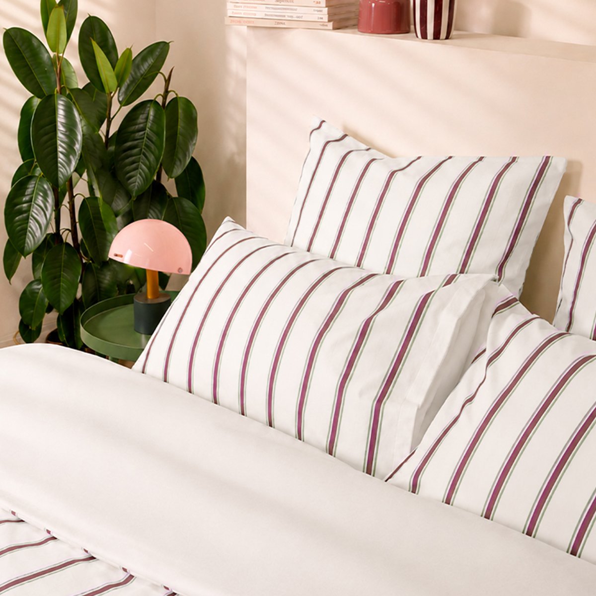 Parure de lit imprimée en percale de coton bio, taies rectangles, LA RAYURE BICOLORE violet, A DEMAIN