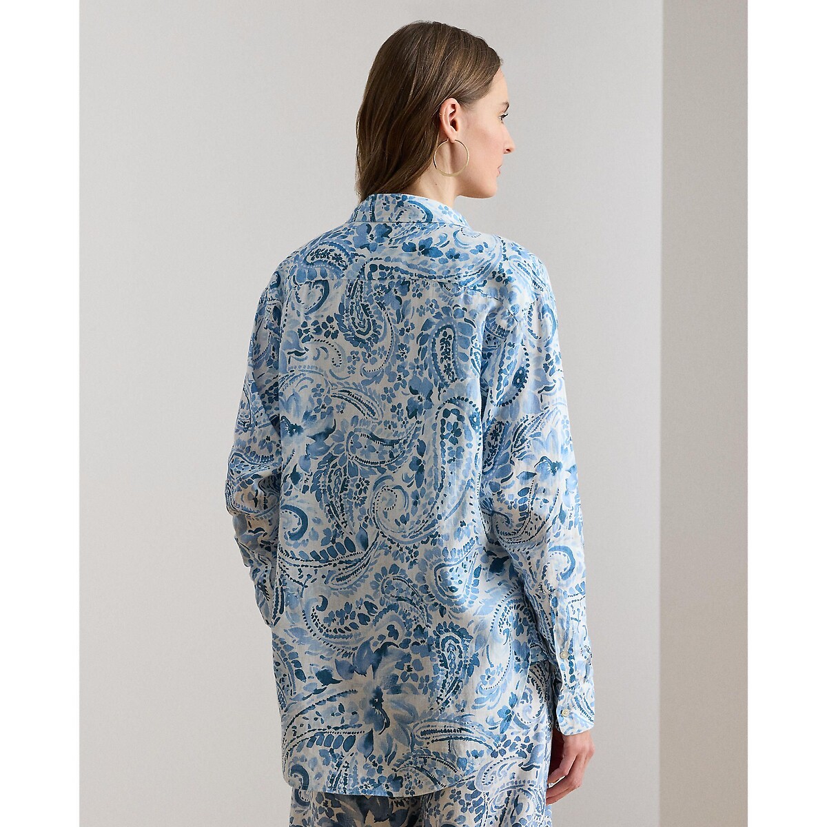 Chemise manches longues en lin imprimé cachemire rayé bleu/blanc, LAUREN RALPH LAUREN