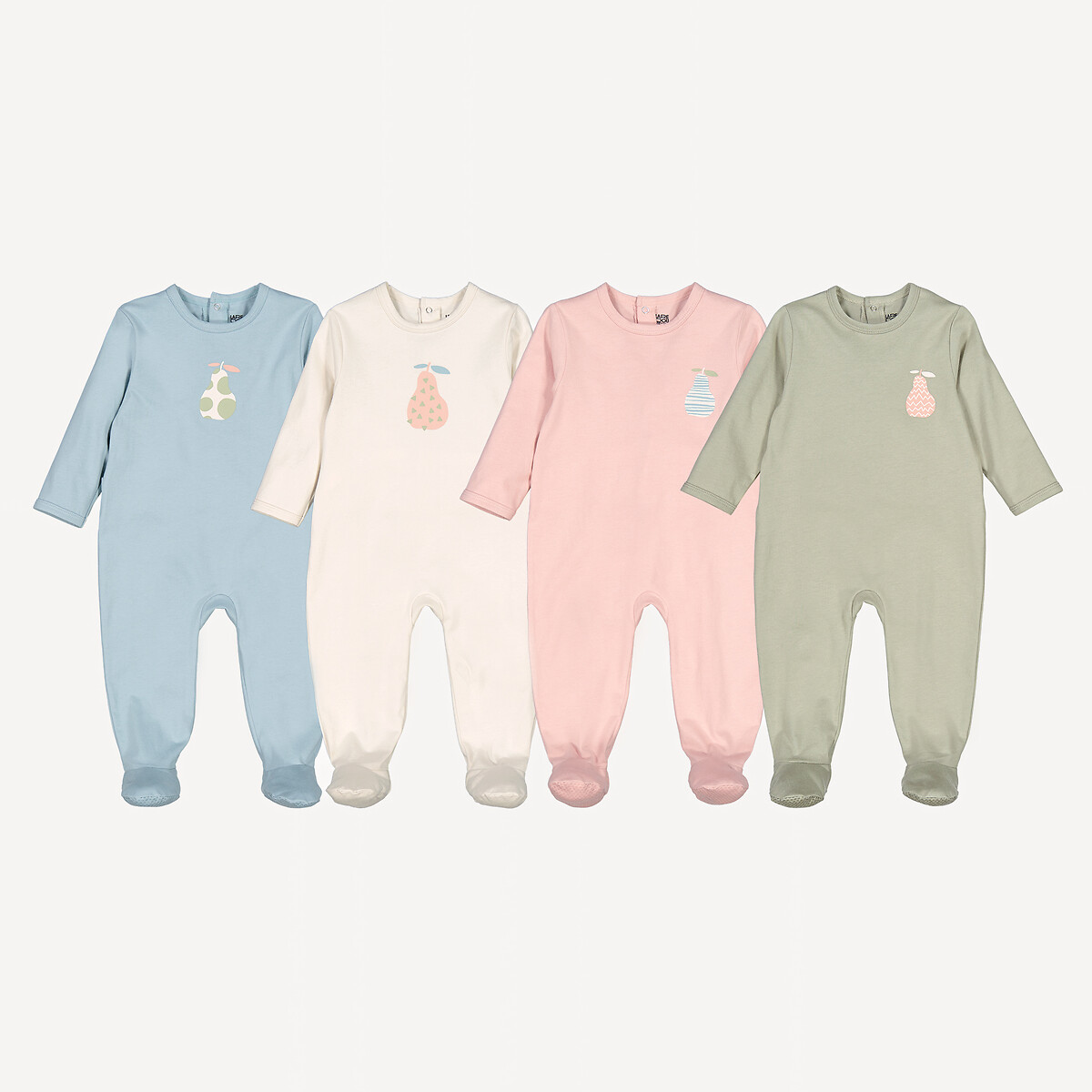 Lot de 4 pyjamas 1 pièce coton, motif poire assortis, LA REDOUTE COLLECTIONS