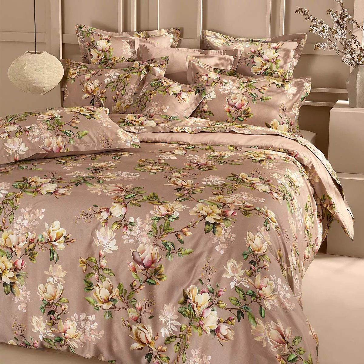 Taie d'oreiller satin de coton MAGNOLIAS rose fume, GARNIER THIEBAUT