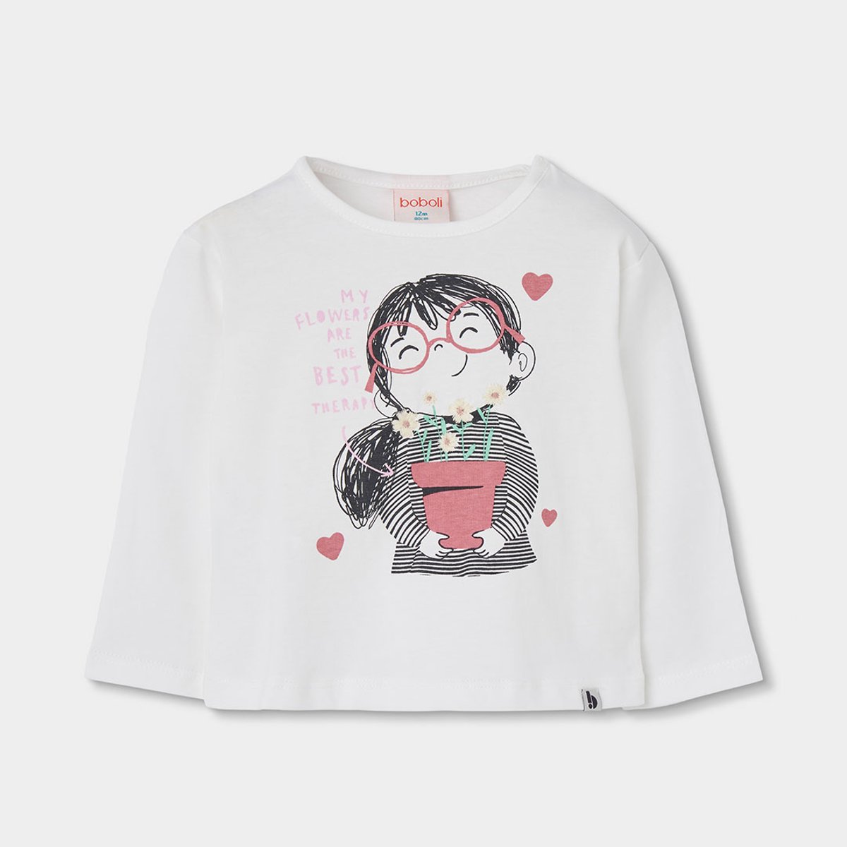 T-shirt fille maille imprimé fille avec fleurs blanc, BOBOLI