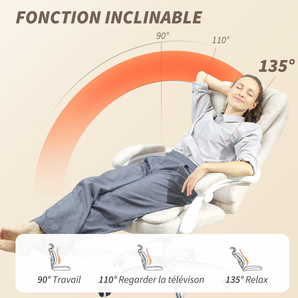 Fauteuil de bureau avec fonction massage crème, HOMCOM