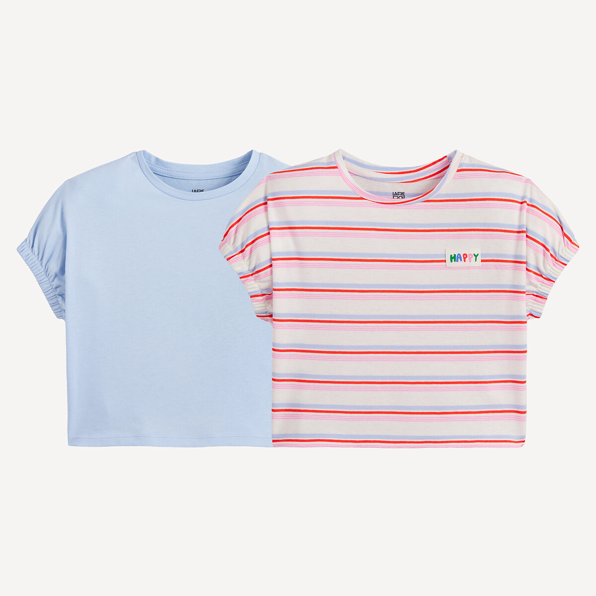 Lot de 2 T-shirts courts, col rond, à manches courtes élastiquées rayé + écru, LA REDOUTE COLLECTIONS