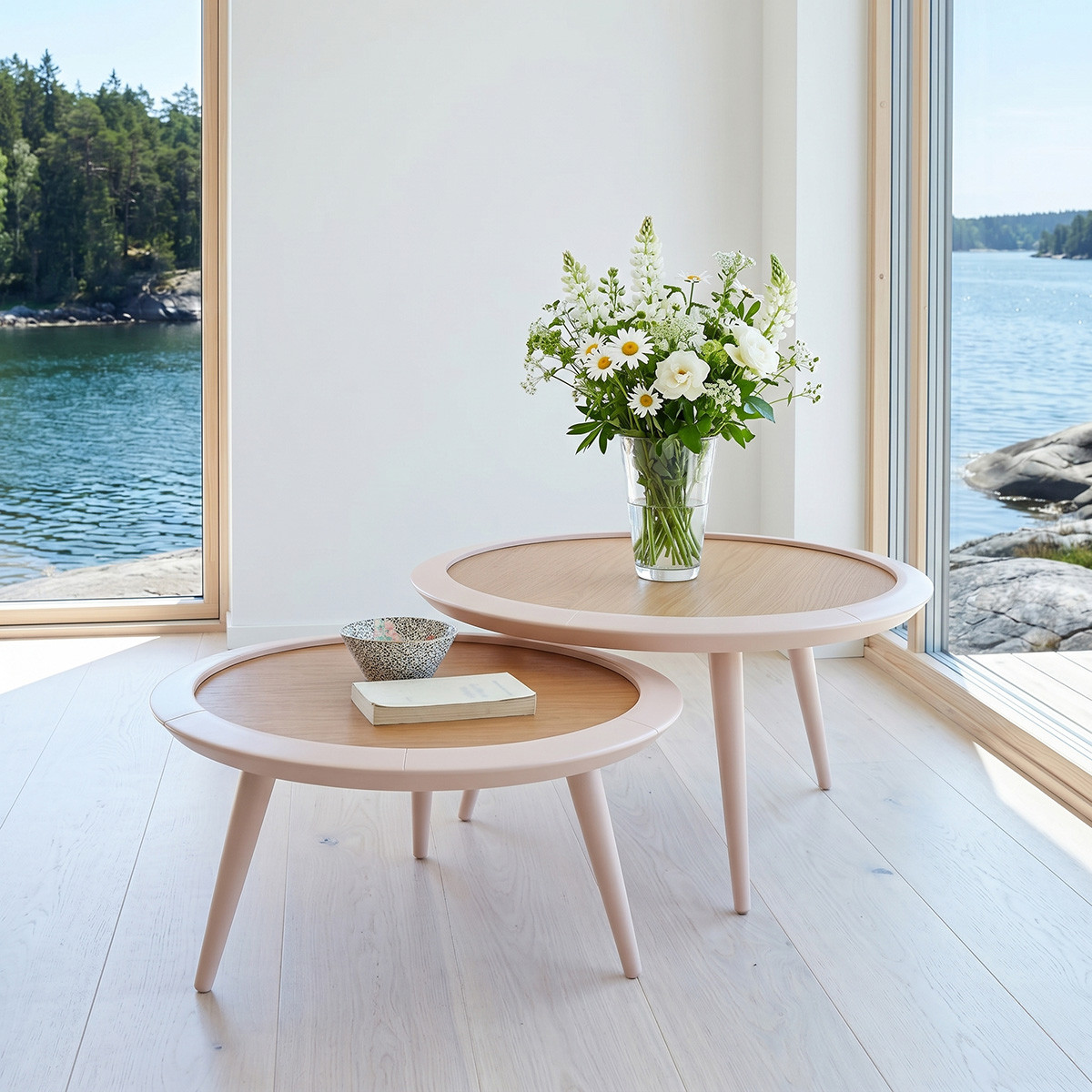 Table basse ronde style contemporain en chêne JACQUELINE rose, ROBIN DES BOIS