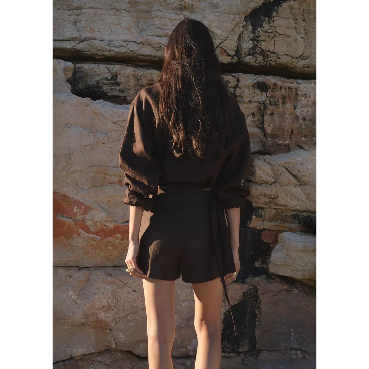 Jupe-culotte en lin chocolat, MANGO