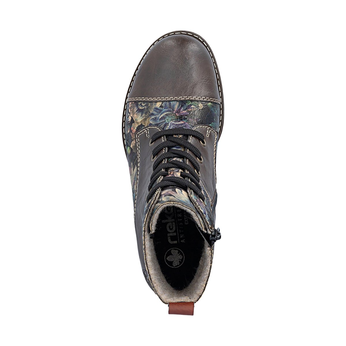 Bottines marron à talon plat ornées d'un empiècement à motif floral marron, RIEKER