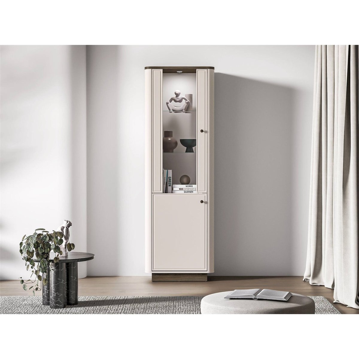 Vitrine haute VILAVIO 2 portes avec éclairage beige cachemire et chêne foncé, RECOLLECTION