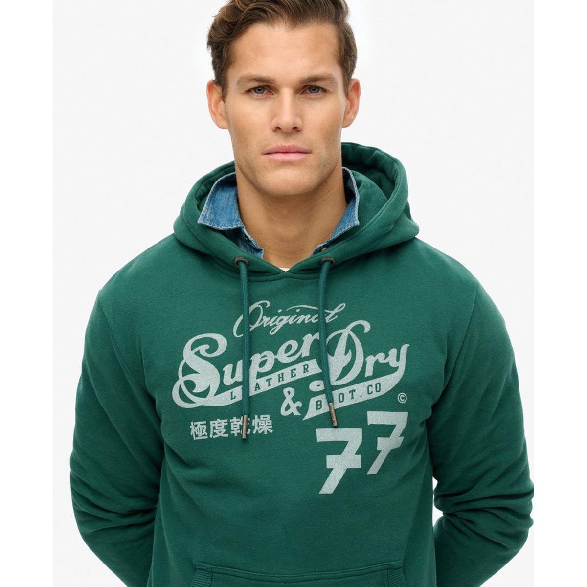 Sweat à capuche Leather & Boot Co Script vert émail, SUPERDRY