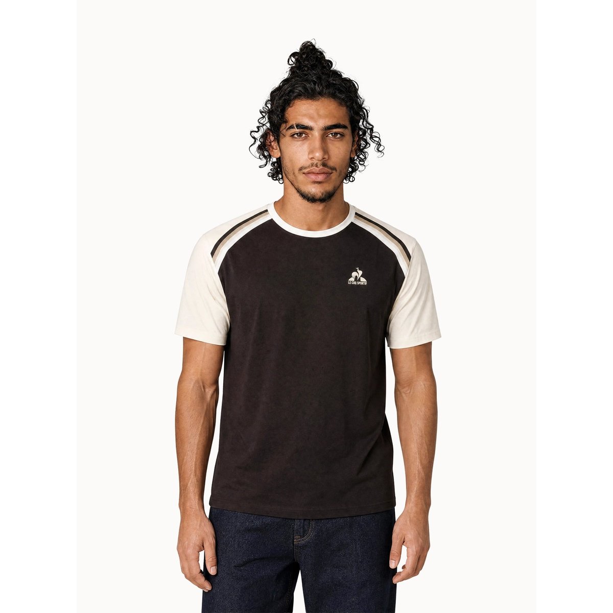 T-shirt en jersey de coton avec bandes rayées épaules Heritage marron fonce, LE COQ SPORTIF