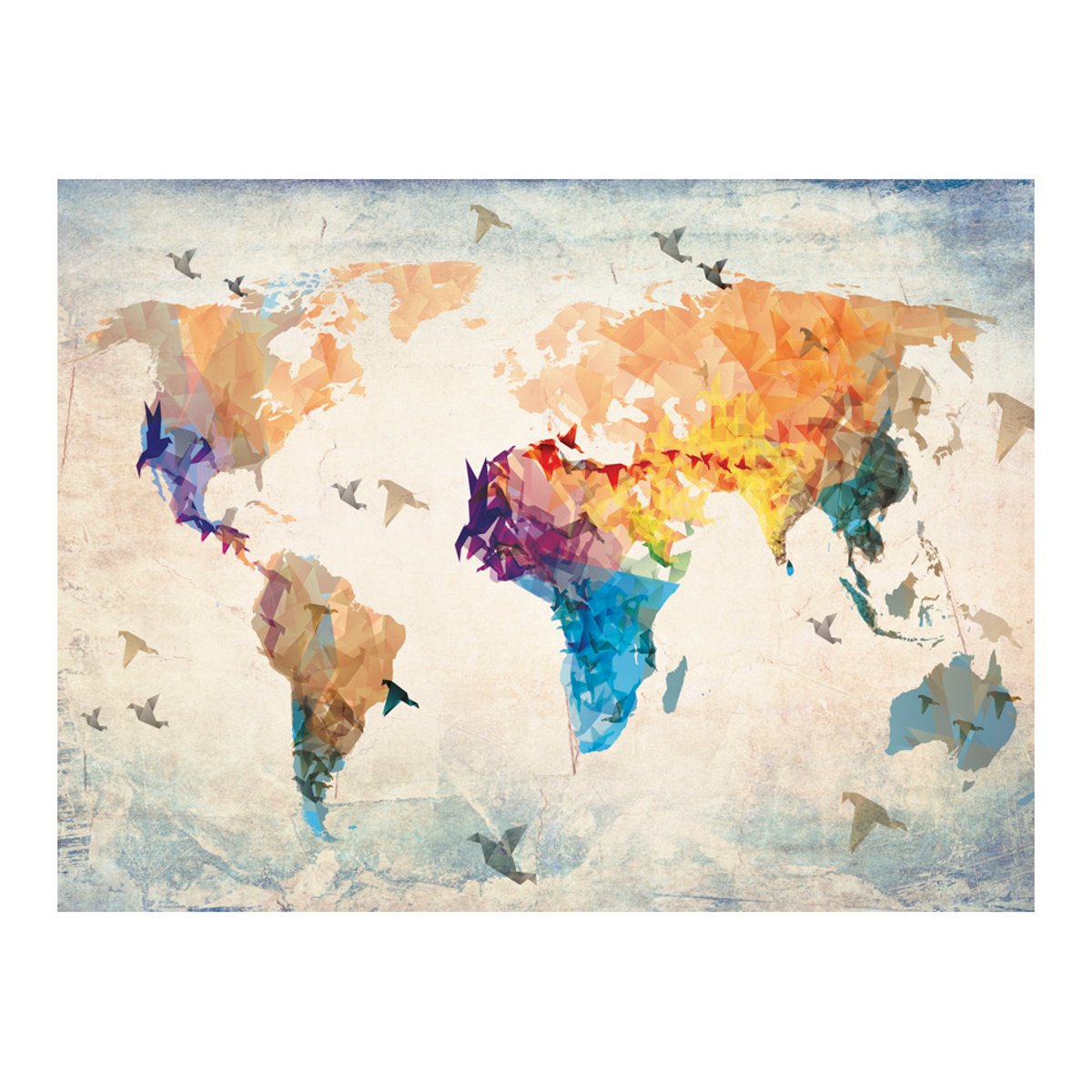 Papier peint intissé panoramique Carte du monde Paper birds multicouleur, EDEN