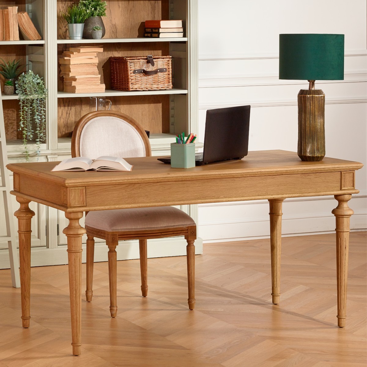Bureau style shabby chic, plateau en chêne, 2 tiroirs YVAN marron, ROBIN DES BOIS