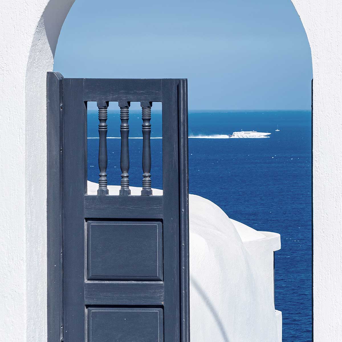 Poster porte bleue oia affiche + cadre en bois - noir, HEXOA