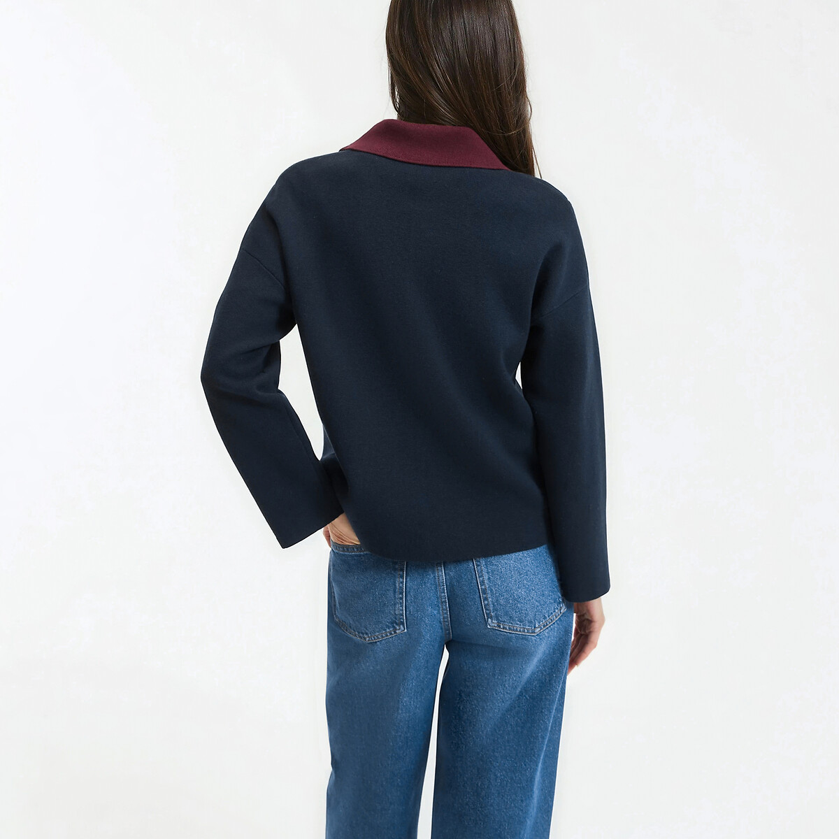 Contrasting Polo Collar Zipped Cardigan navy blue, LA REDOUTE COLLECTIONS