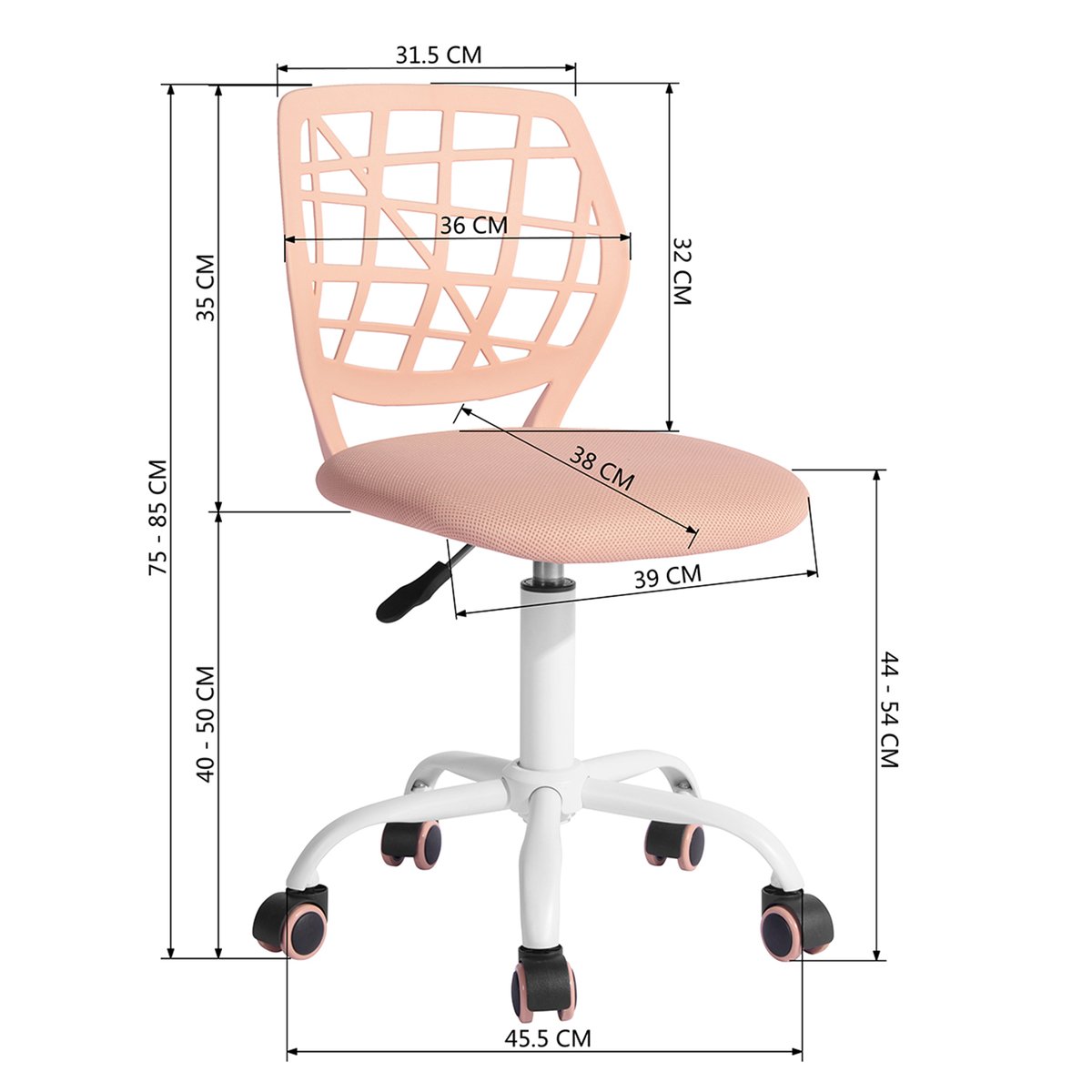 Chaise de bureau pivotante réglable en hauteur en maille, CARNATION PLICA rose blush, MEUBLES COSY