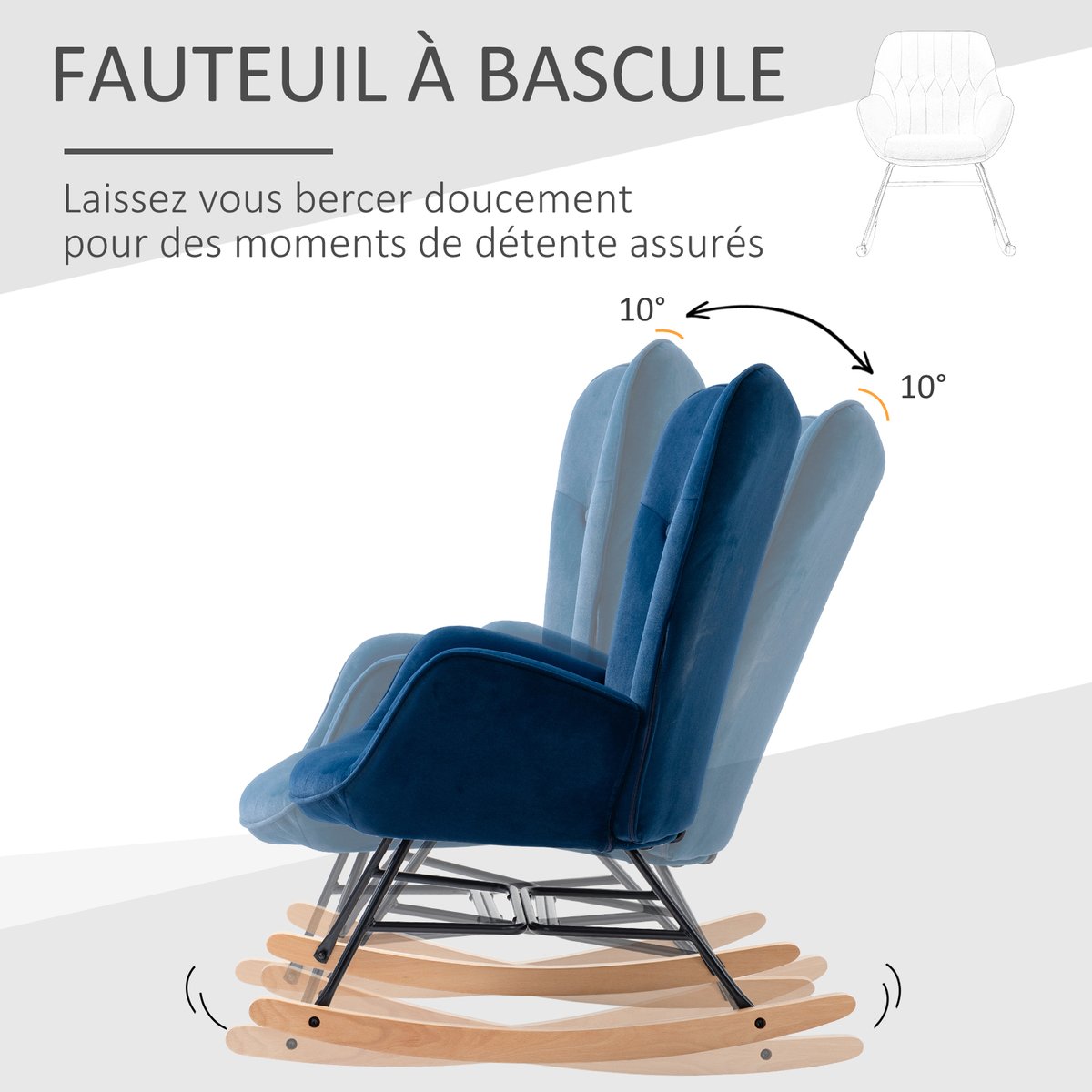 Fauteuil à bascule Velours (100% polyester) bleu, bois clair, noir, HOMCOM