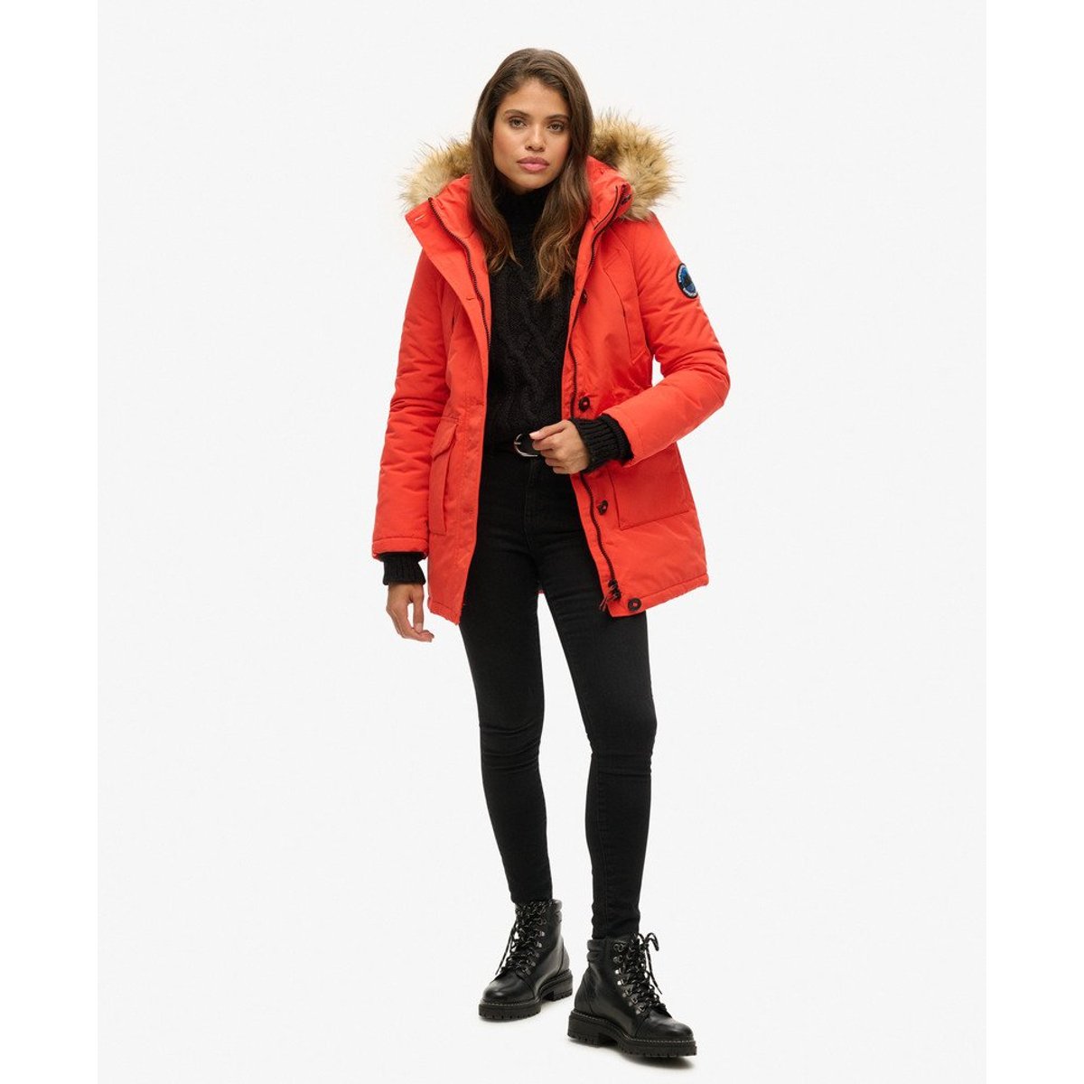 Parka à capuche imitation fourrure mi longue orange vif, SUPERDRY