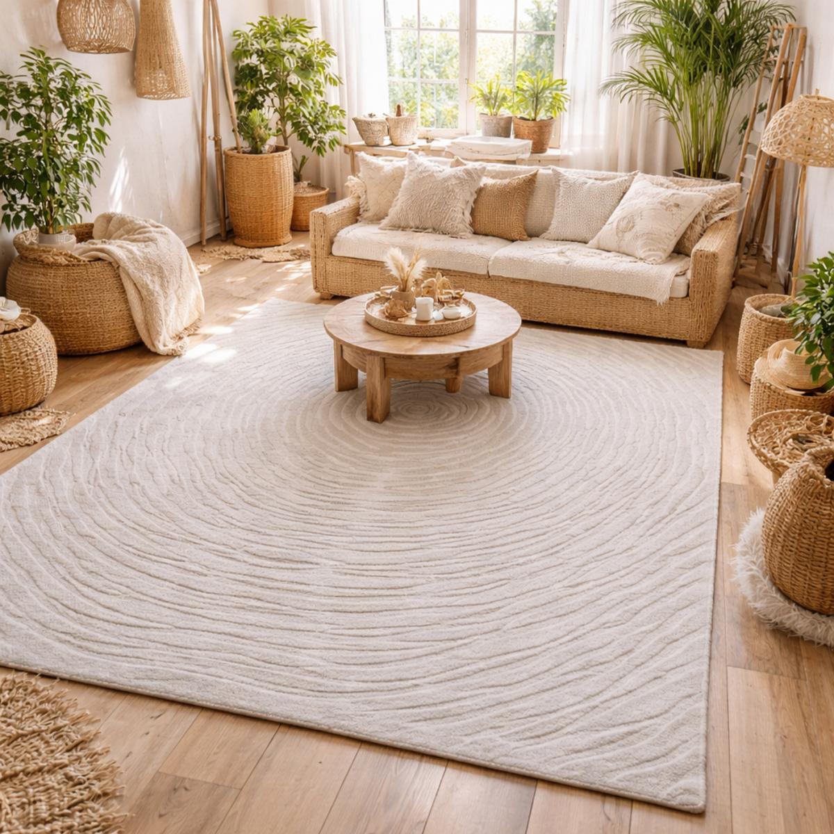Tapis salon et chambre fait à la main en laine motif faux uni IZ écru, UN AMOUR DE TAPIS