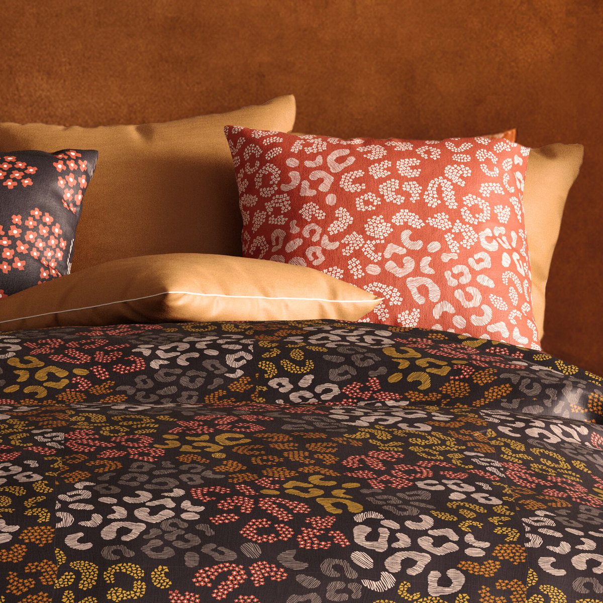 Parure de draps plat en coton imprimée, Onalia noir, C DESIGN HOME TEXTILE
