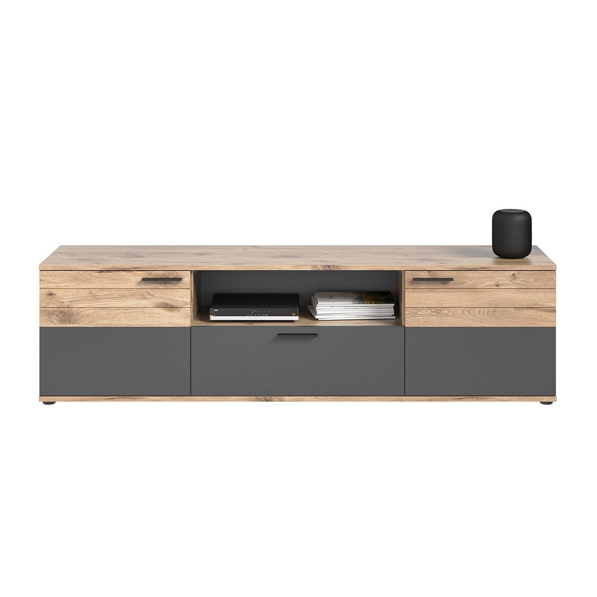 Meuble TV 2 portes et 1 niche L194 cm - MASON chene brosse/noir mat, CALICOSY
