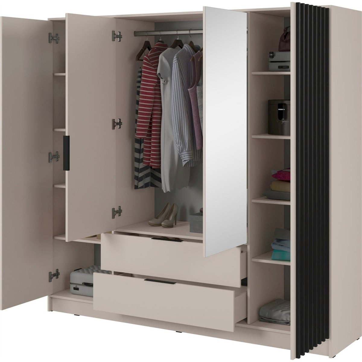 Armoire dressing miroir portes battantes gris et bois clair, RECOLLECTION