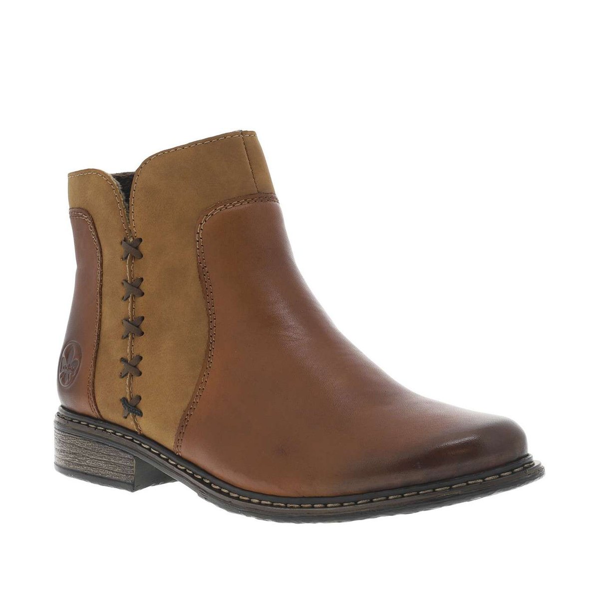 Boots en cuir à talon décroché bas avec un zip et logo embossé cognac, RIEKER