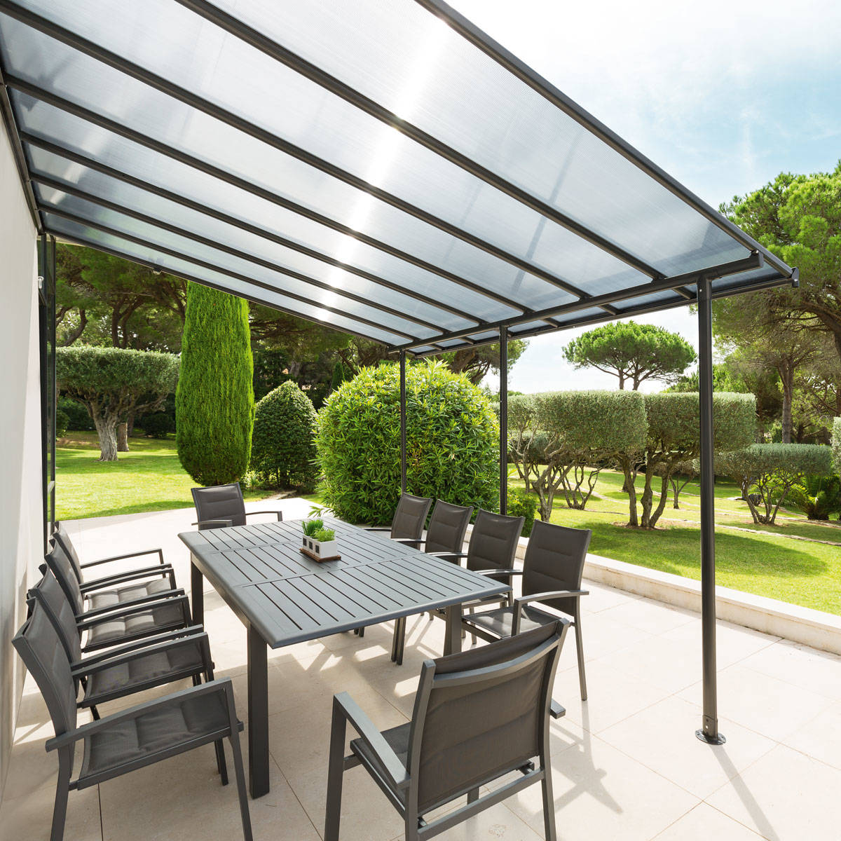 Pergola adossée en aluminium toit polycarbonate 4x3m BELIZE gris graphite, HESPERIDE