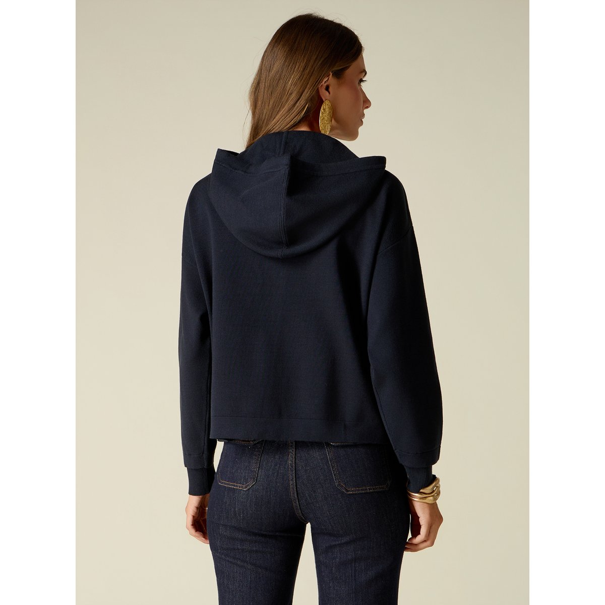 Pull avec zip, capuche et détails en denim bleu, OLTRE