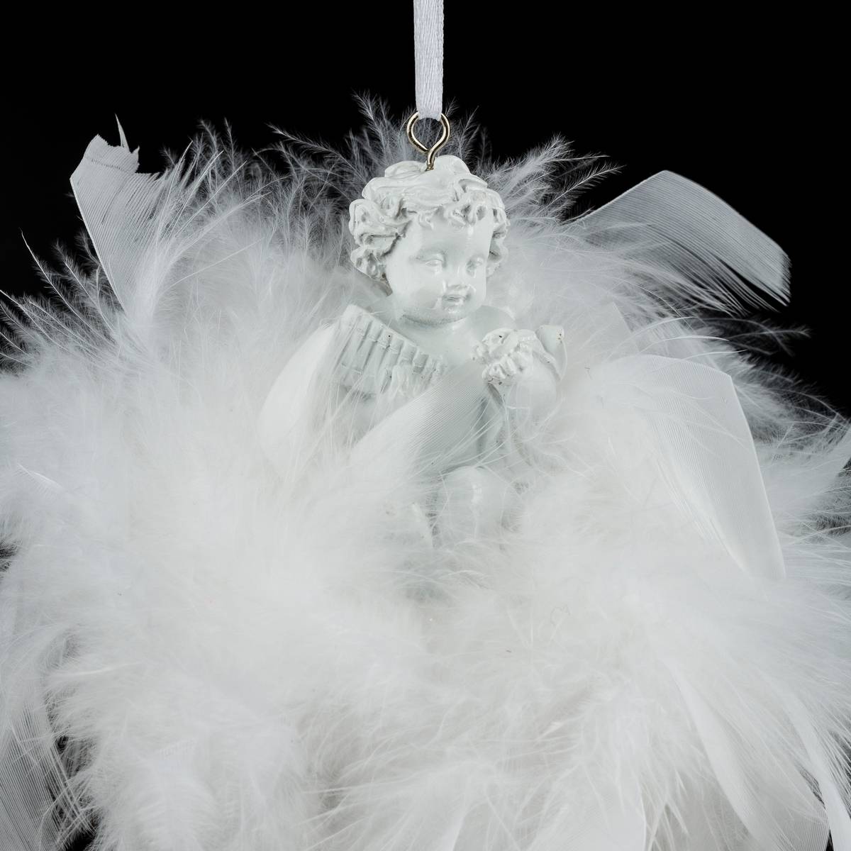 Suspension de noël plumes ange sur couronne blanc, ATMOSPHERA