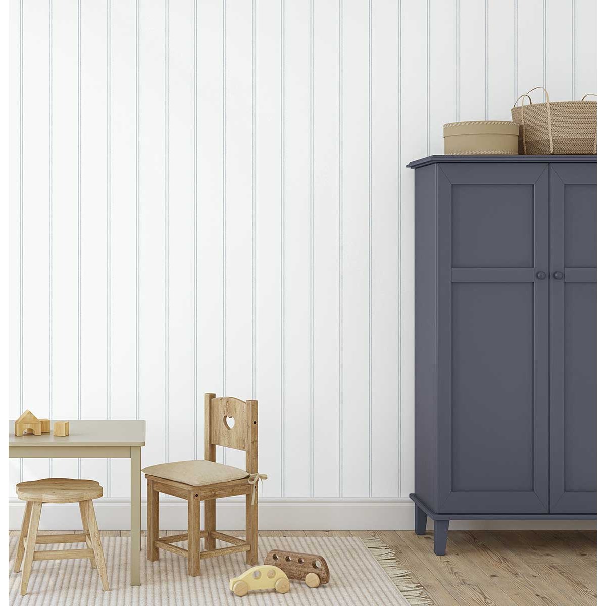 Papier peint rayures fines bleu ciel fond blanc beige, HEXOA