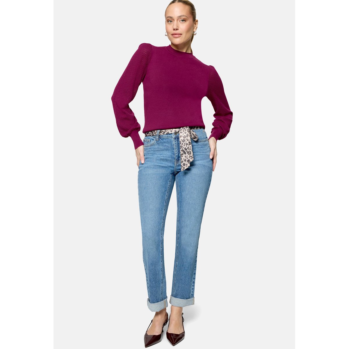 Pull-over en fine maille à manches en dentelle magenta purple, ZERO