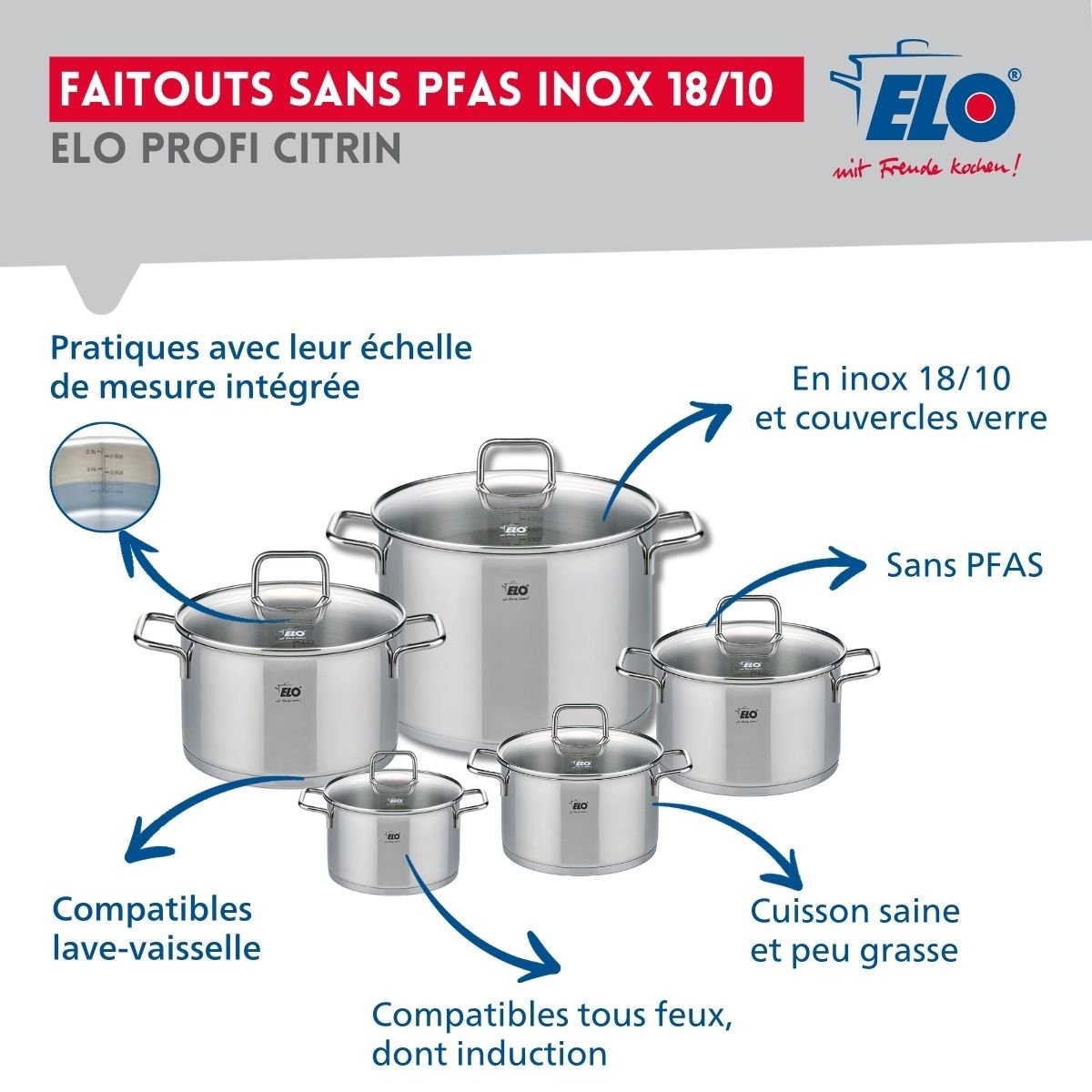 3 poêles 24/28/32cm + 5 faitouts 12/14/16/20/26cm PROFI CITRIN gris, ELO