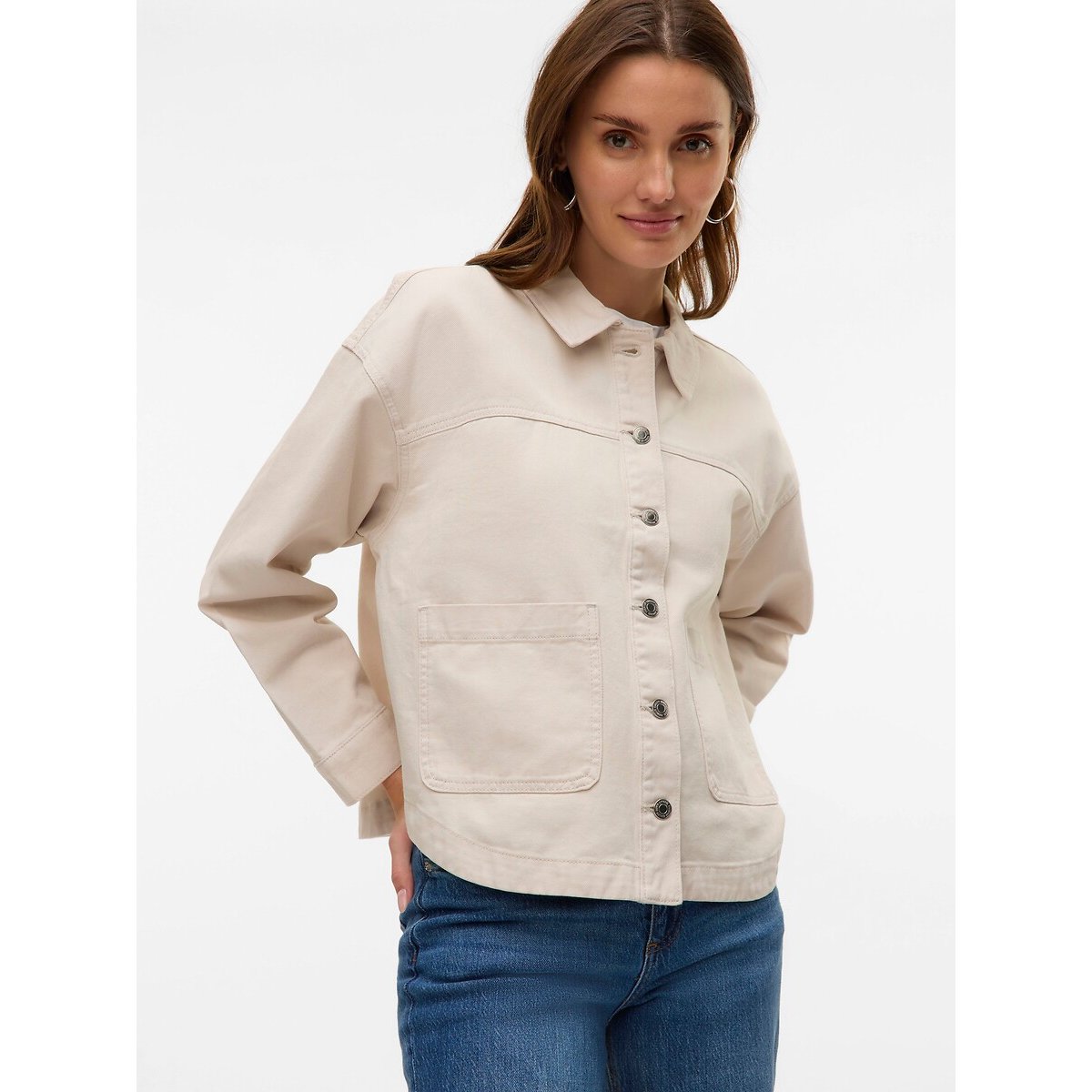 Geknöpfte Jeansjacke mit Taschen, Polokragen ecru, VERO MODA