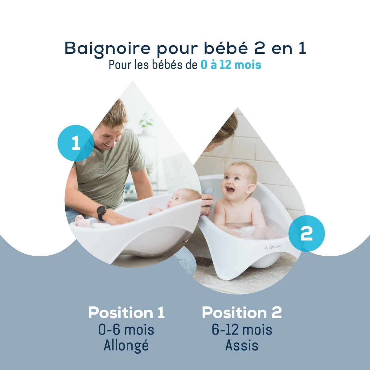 Baignoire bébé évolutive 2 en 1 blanc, gris, ANGELCARE