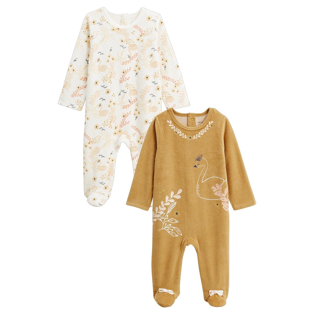 Lot de 2 pyjamas bébé en velours Swan ocre, PETIT BEGUIN