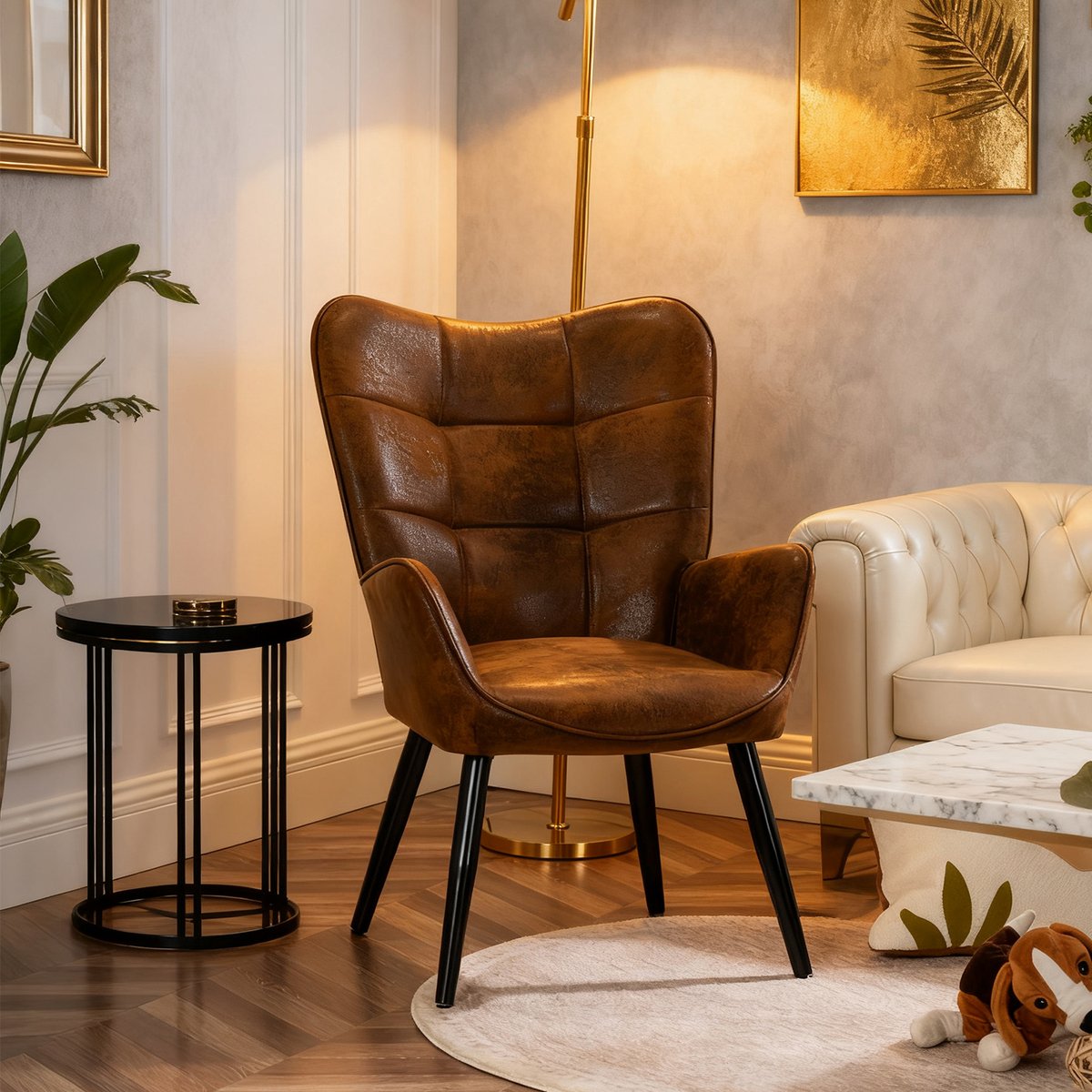 Fauteuil confortable bas style rétro vintage dossier moyen assise confortable pieds métal, KANAS marron, MEUBLES COSY