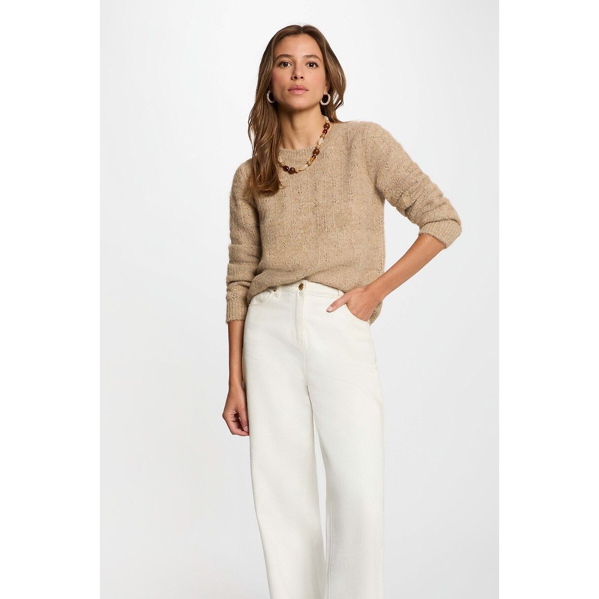 Pull avec tricotage ajouré beige, MORGAN
