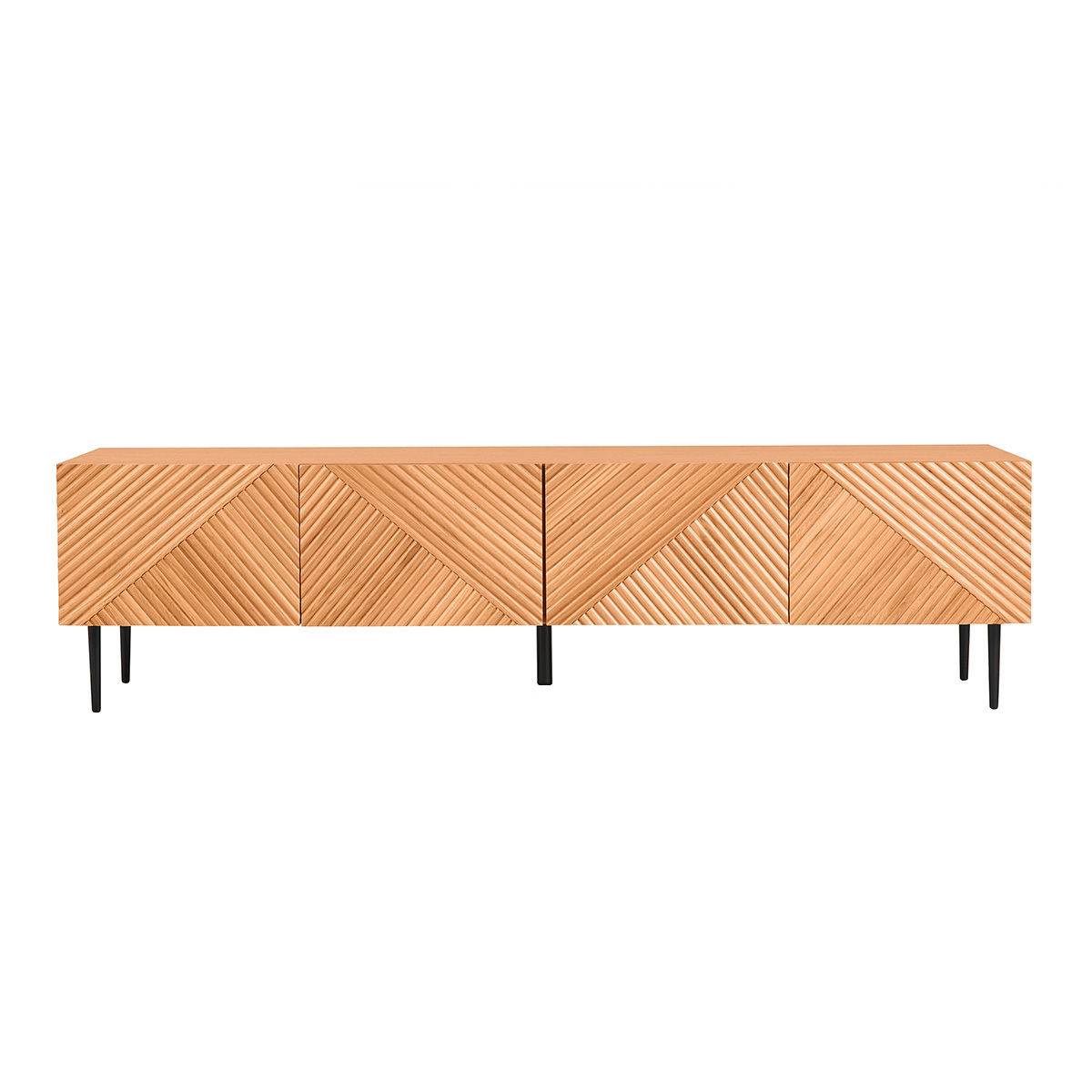 Meuble TV design en bois clair chêne massif gravé et métal noir 4 portes L180 cm ARCHIPEL chêne clair, MILIBOO