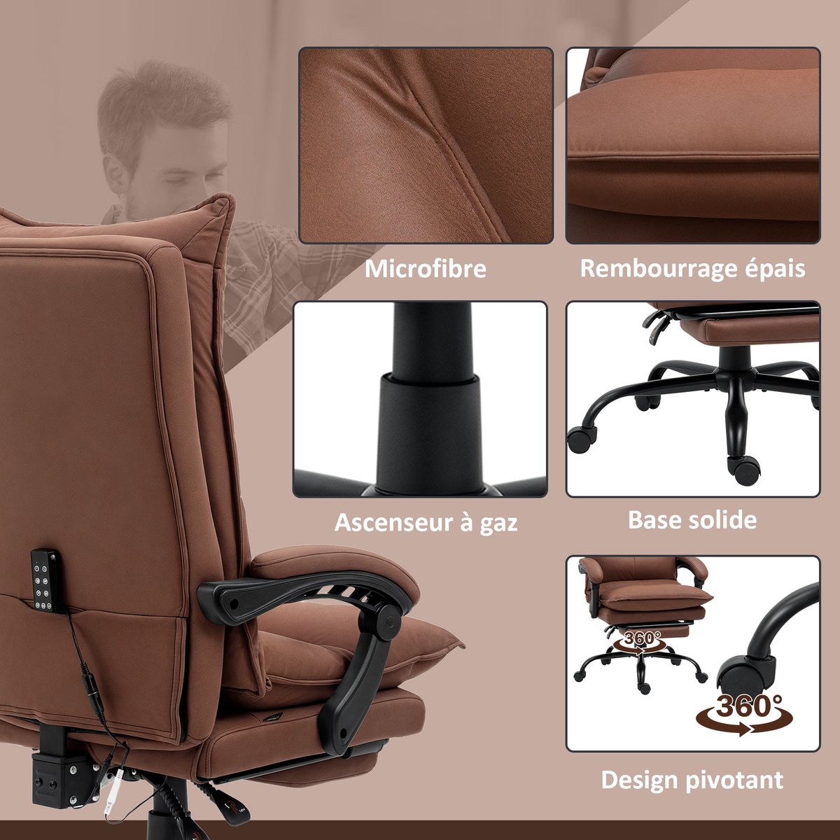 Fauteuil de bureau avec fonction massage marron et noir, HOMCOM