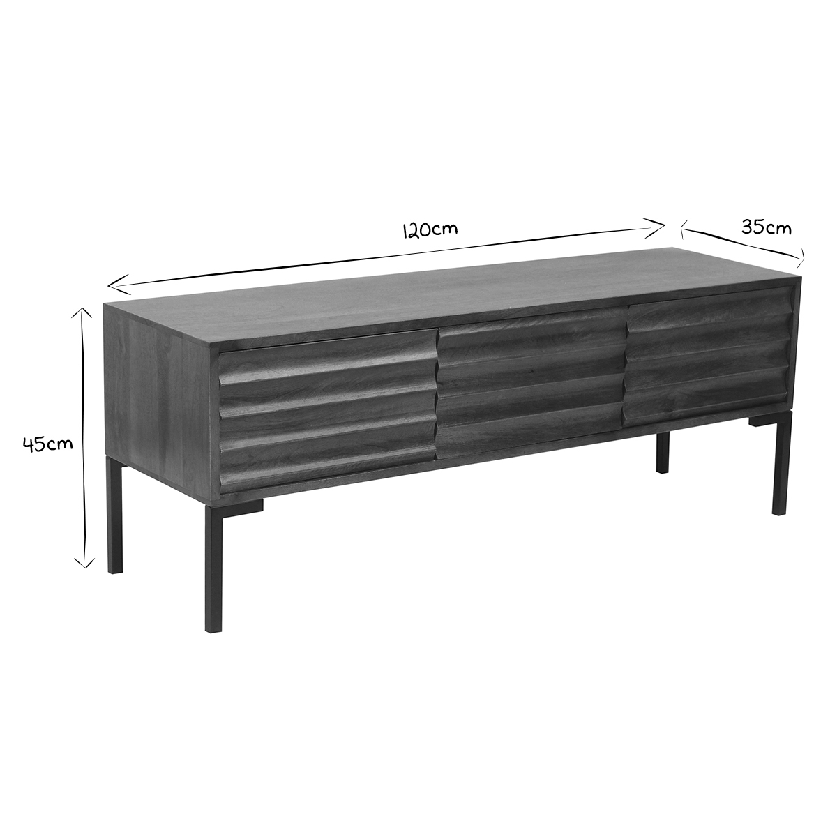 Meuble TV en bois foncé manguier massif et métal noir 3 portes L120 cm ONDA noyer, MILIBOO