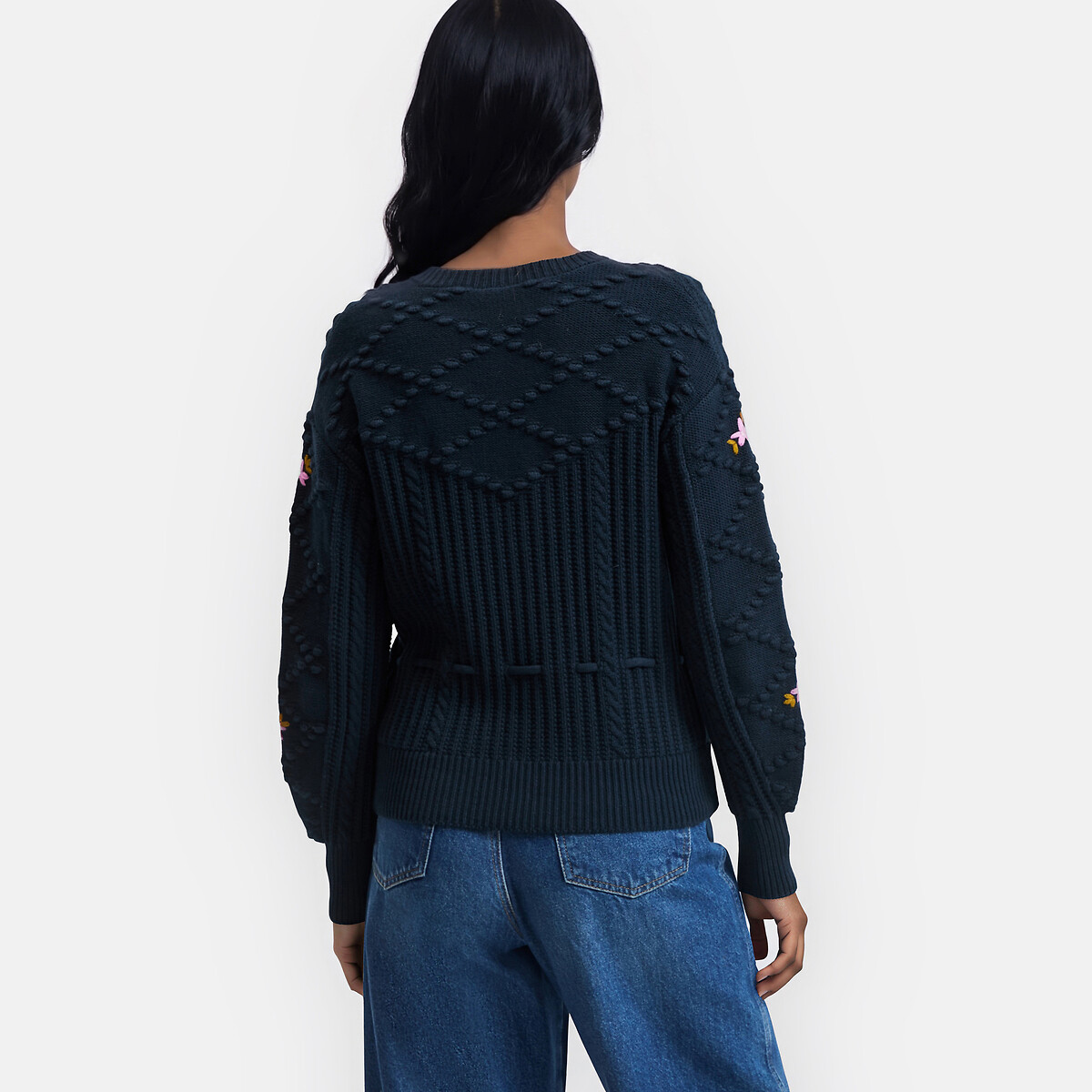 Vest met bloemenborduursel, met een striklintje in de taille marineblauw, LA REDOUTE COLLECTIONS