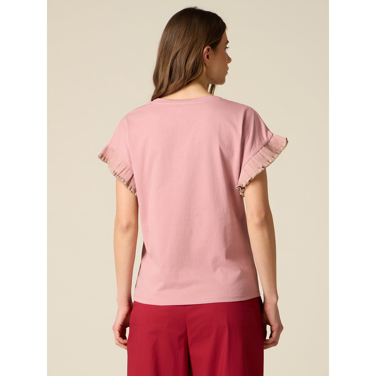 T-shirt avec cristaux et volants rose, OLTRE