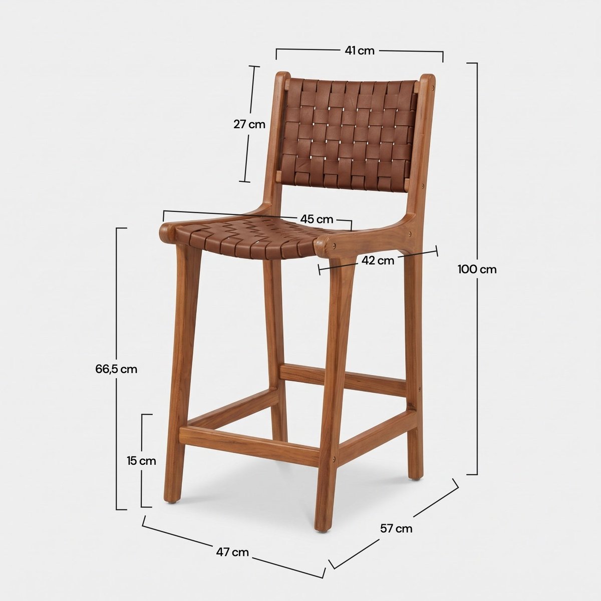 Lot de 2 chaises pour îlot central 66,5 cm en teck et cuir tressé - KUNA marron, MAISON PAVANE