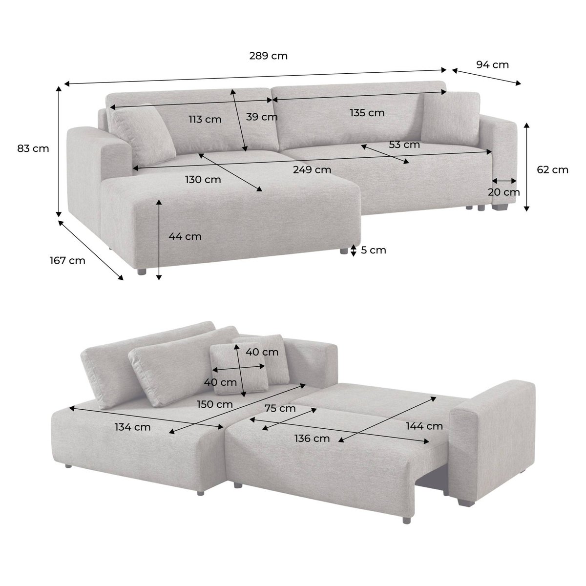 Canapé d'angle gauche convertible 3 places tissu avec coffre WIDE gris foncé, SWEEEK