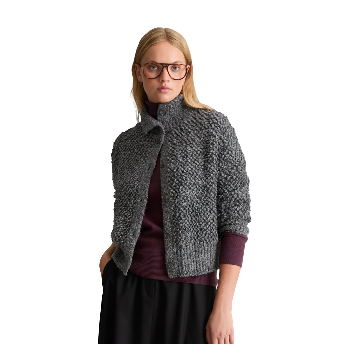 Cardigan oversize en bouclé Bubble en mélange de coton, laine vierge et viscose gris, MARC O’POLO DENIM