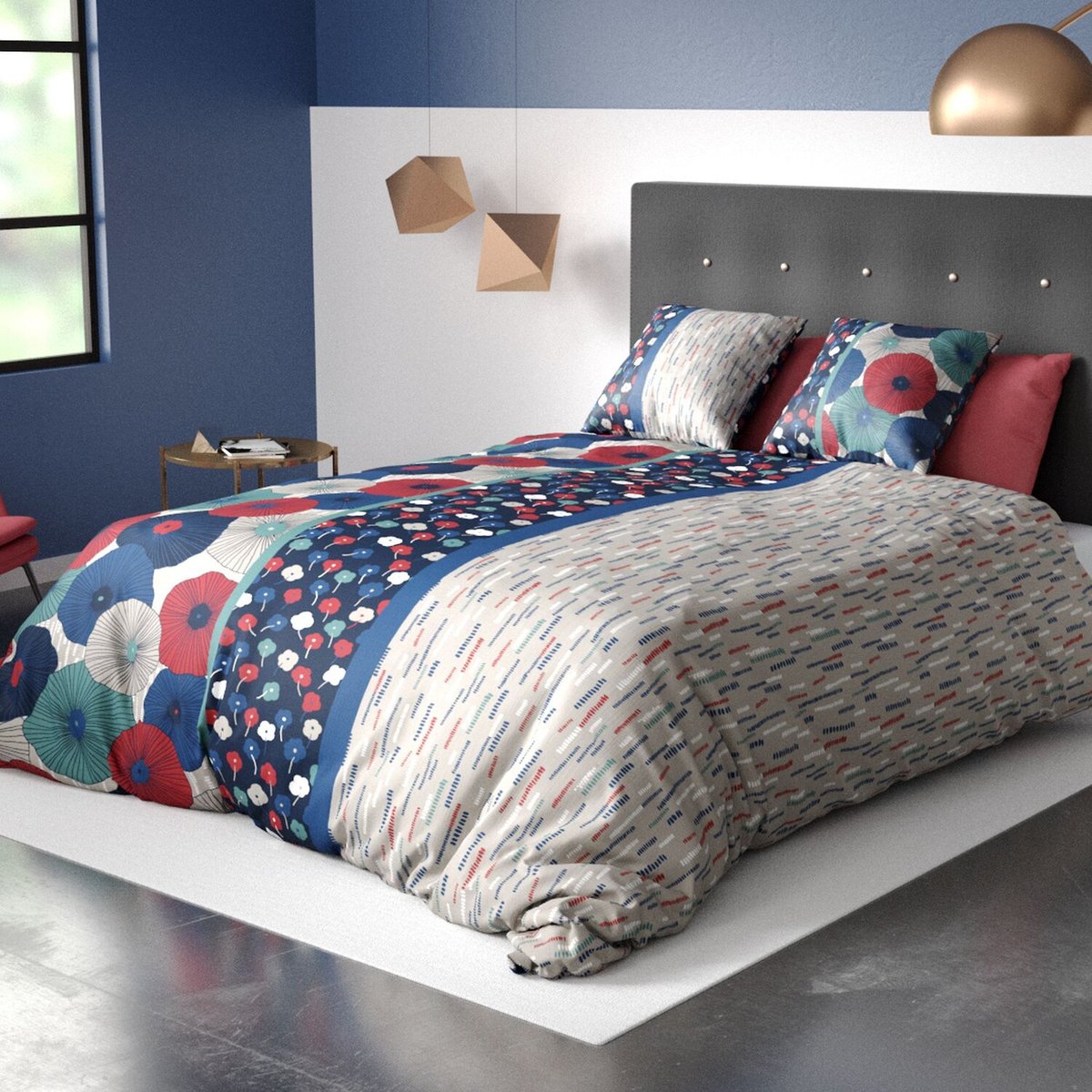 Parure housse de couette 100% coton 57fils , agueda bleu, ATELIER DU COTON