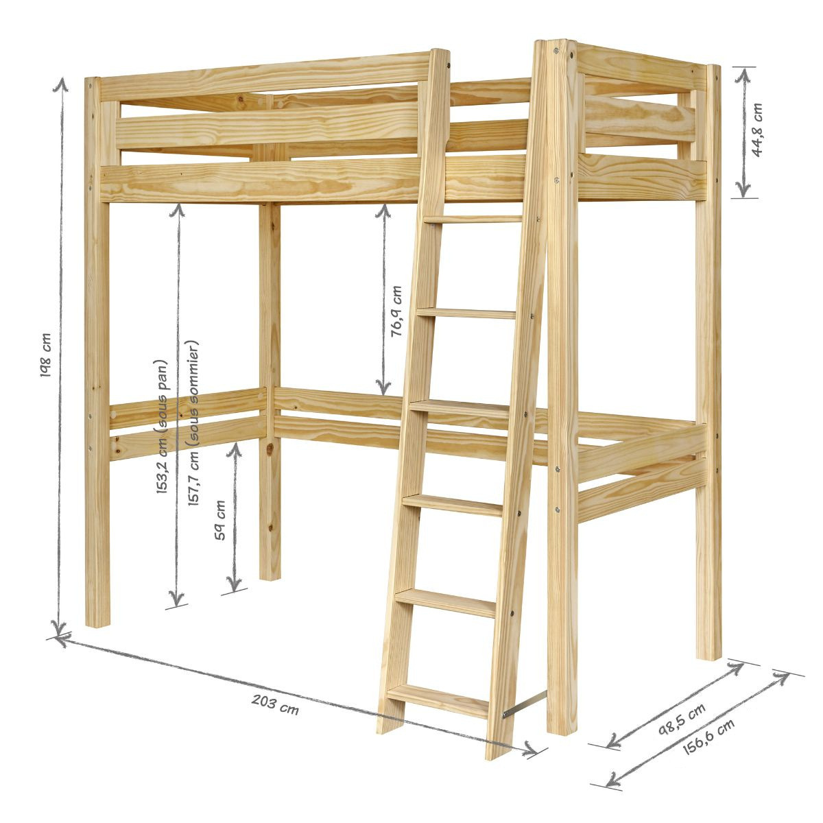 Pack lit mezzanine 2 places avec matelas Bois massif ORSAI bois naturel, AKITEN RETAIL