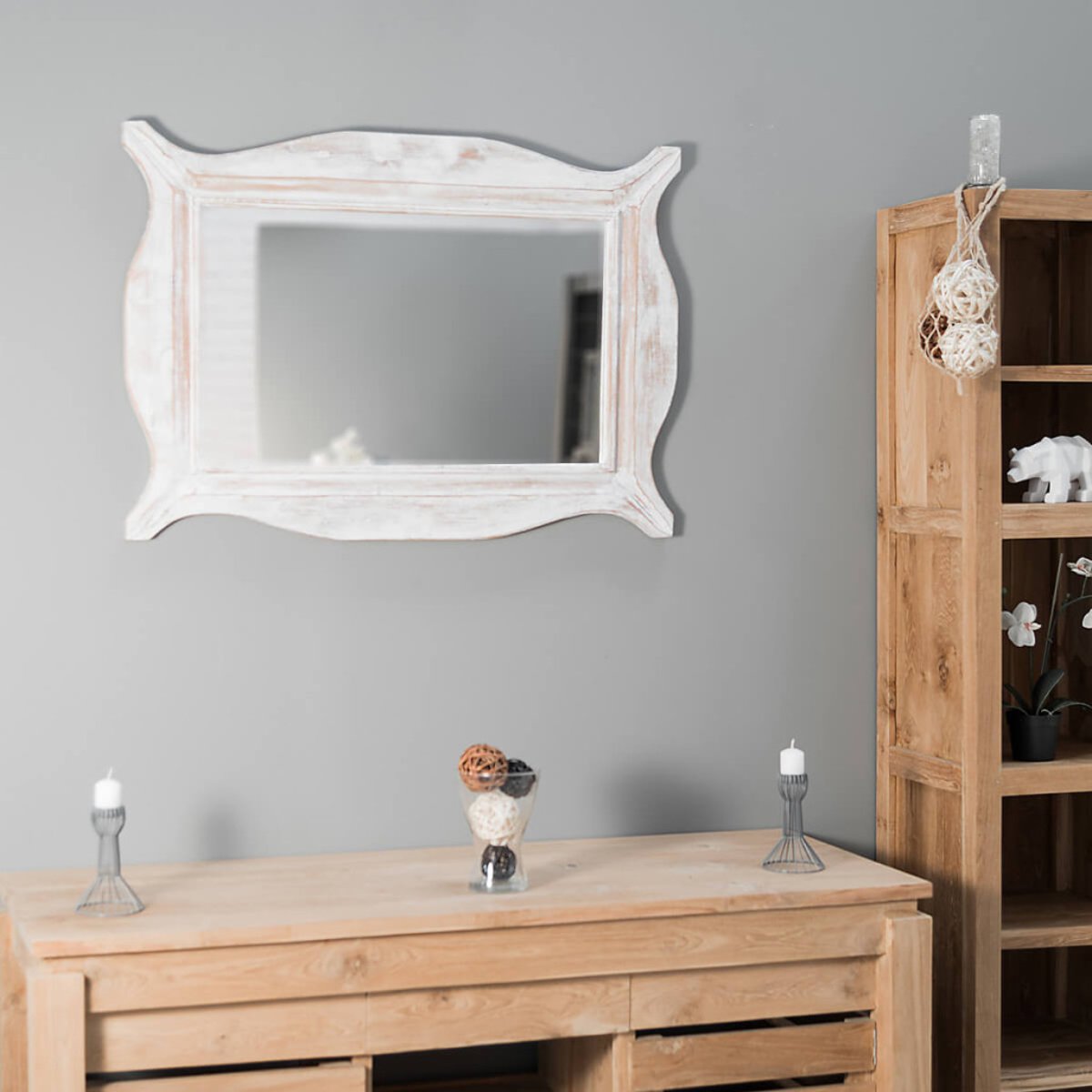 Miroir en bois patinée rectangle cérusé 70 x 100cm MODERNE blanc, WANDA COLLECTION